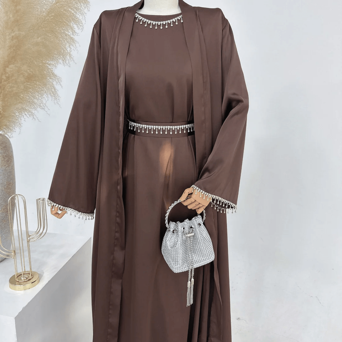 Coffee Satin Abaya with Diamond Tassel Belt