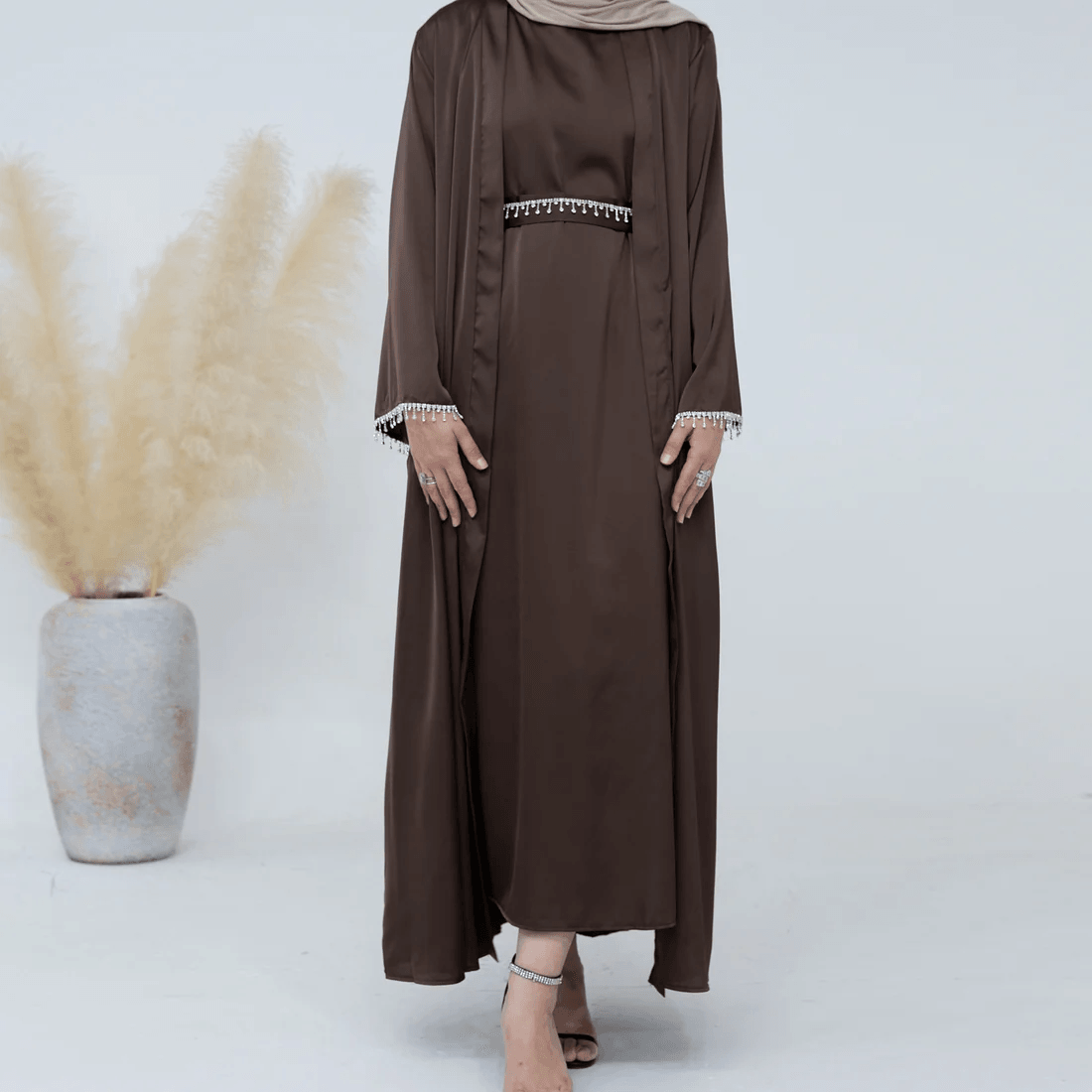 Coffee Satin Abaya with Diamond Tassel Belt