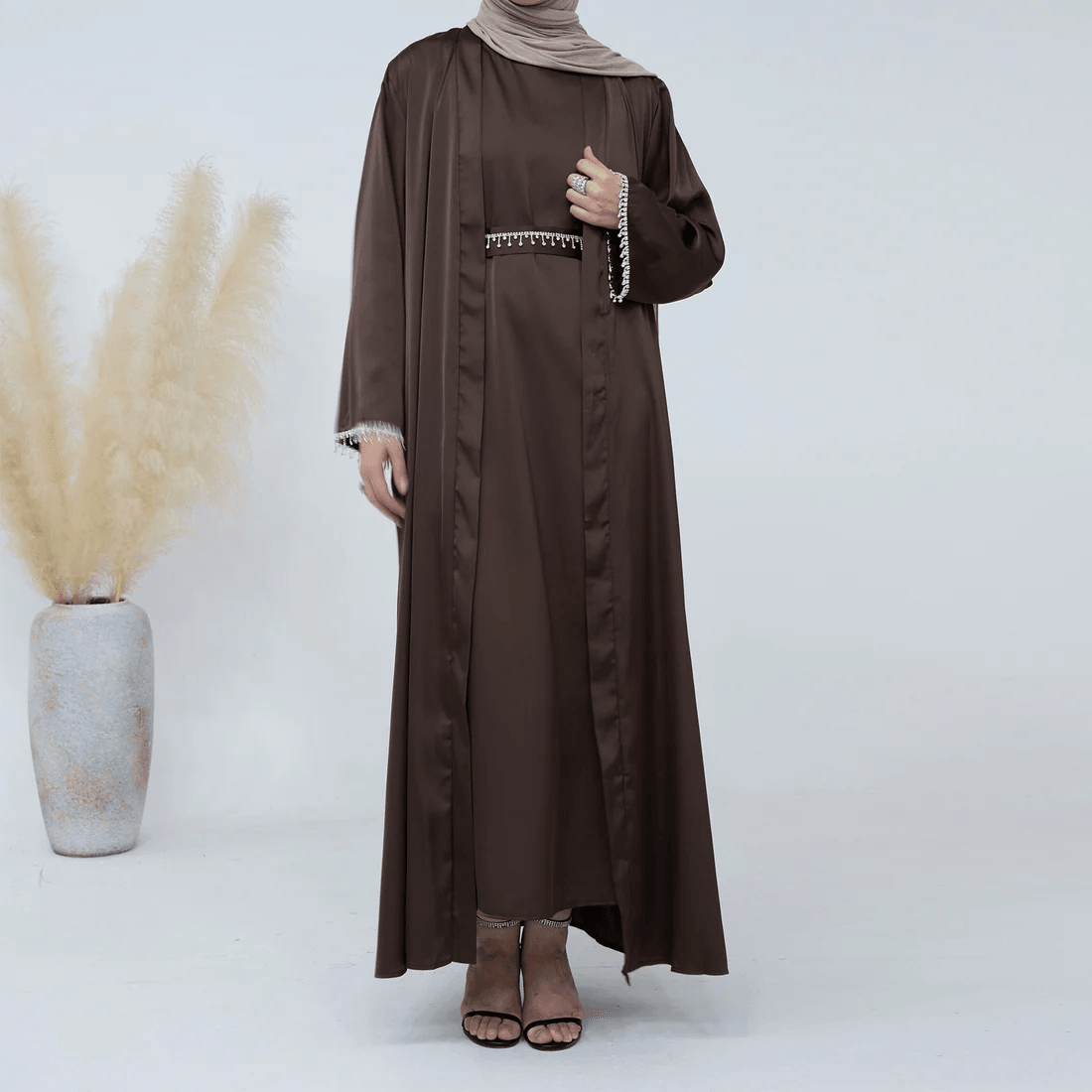 Coffee Satin Abaya with Diamond Tassel Belt