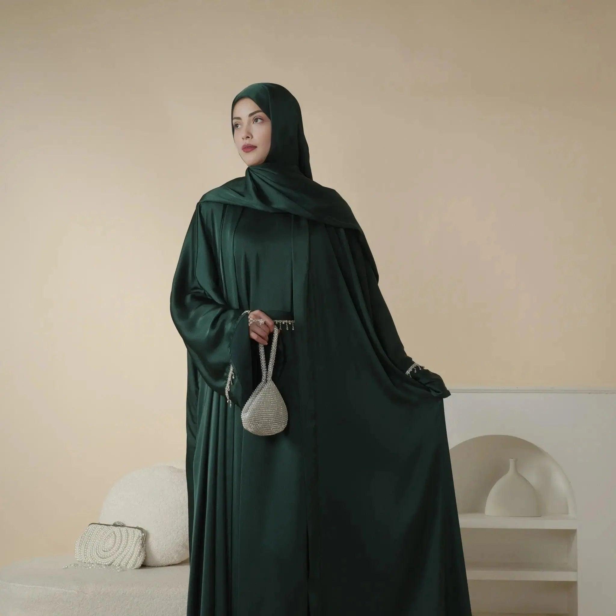 Emerald Green Satin Abaya with Diamond Tassel Belt