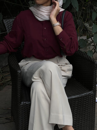 BURGUNDY COLLARED SHIRT & BEIGE TROUSER CO-ORD