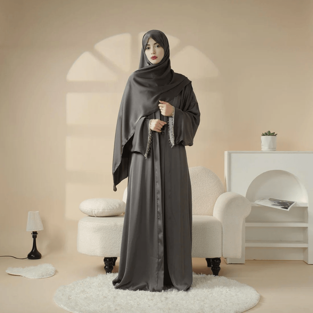 Smoky Gray Satin Abaya With Matching Belt Made Of Diamond Tassel