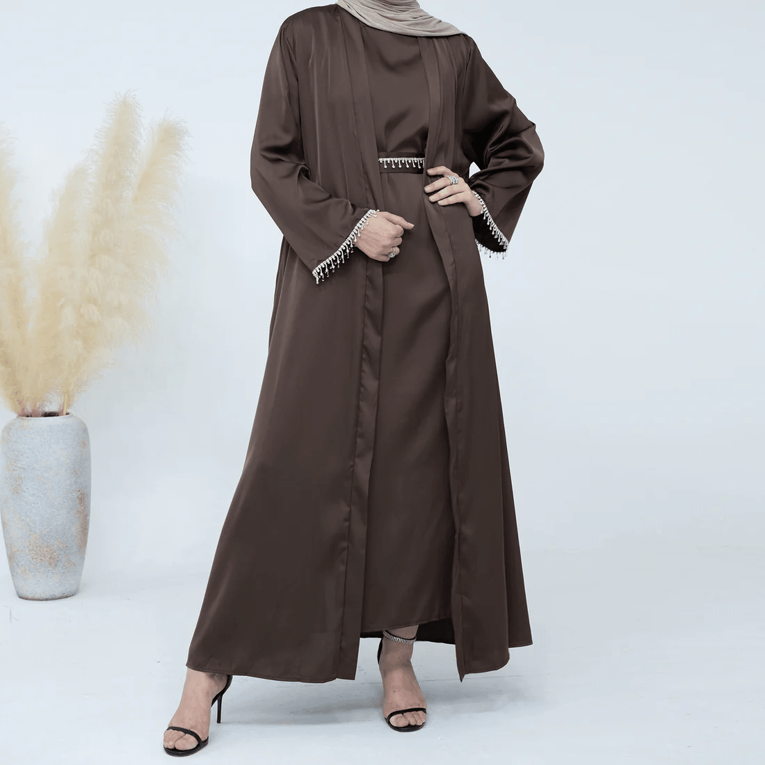 Coffee Satin Abaya with Diamond Tassel Belt