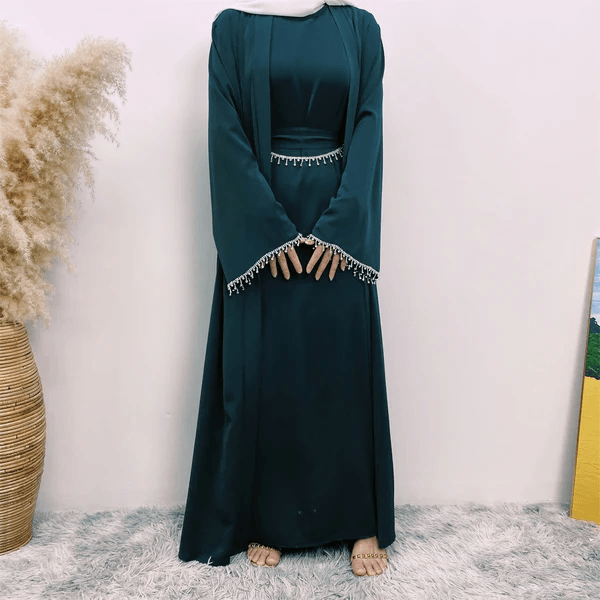 Emerald Green Satin Abaya with Diamond Tassel Belt