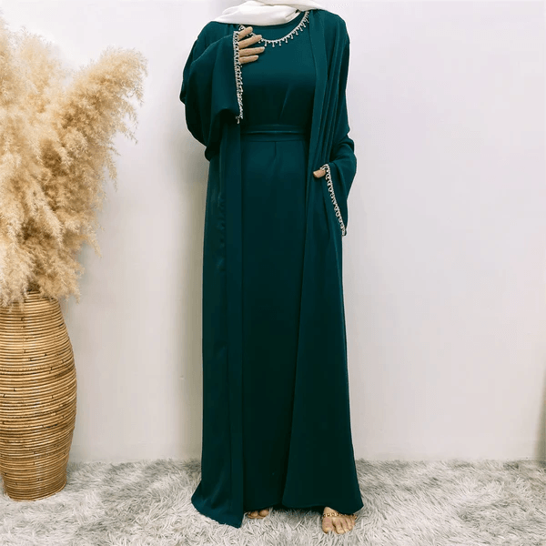 Emerald Green Satin Abaya with Diamond Tassel Belt