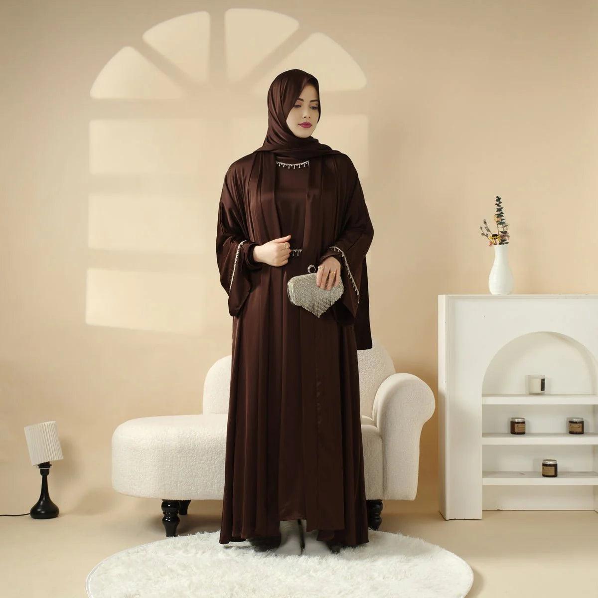 Coffee Satin Abaya with Diamond Tassel Belt