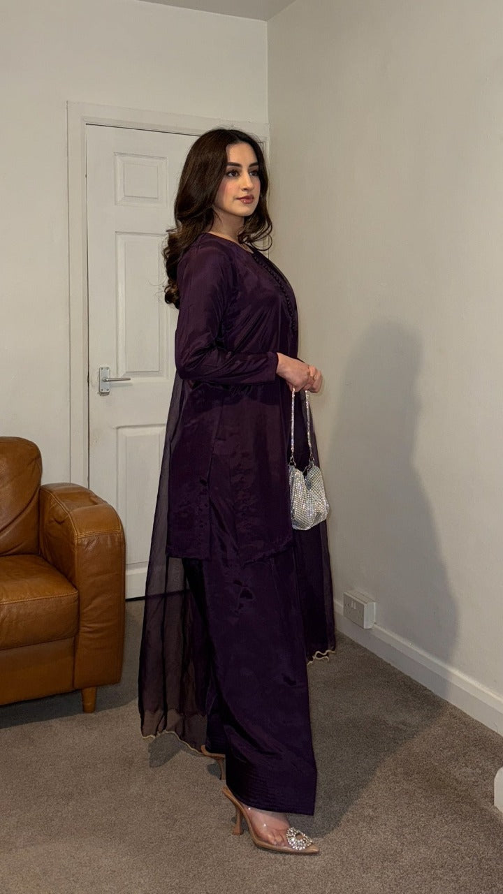 RIMA Plum - 3 Piece Russian Silk Suit with Farshi Shalwar