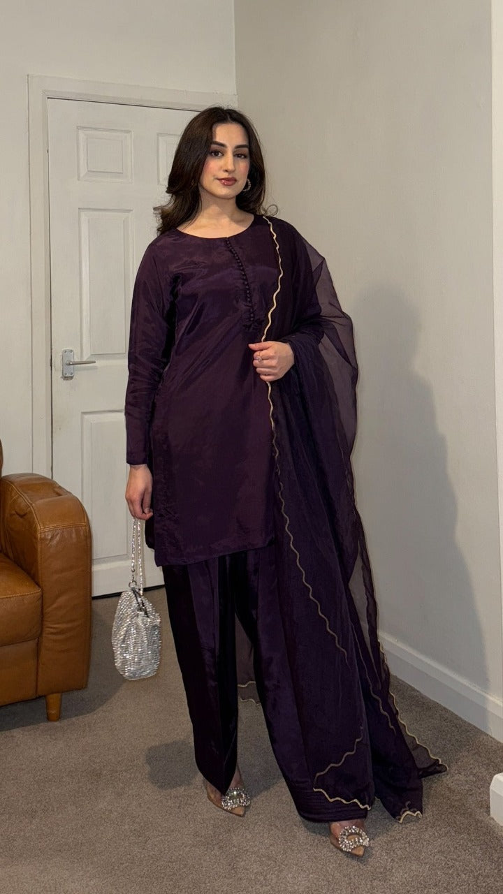 RIMA Plum - 3 Piece Russian Silk Suit with Farshi Shalwar