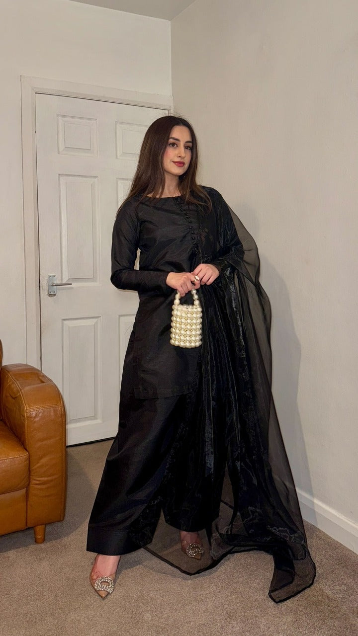 MAIRA Noir - 3 Piece Korean Raw Silk Suit with Farshi Shalwar