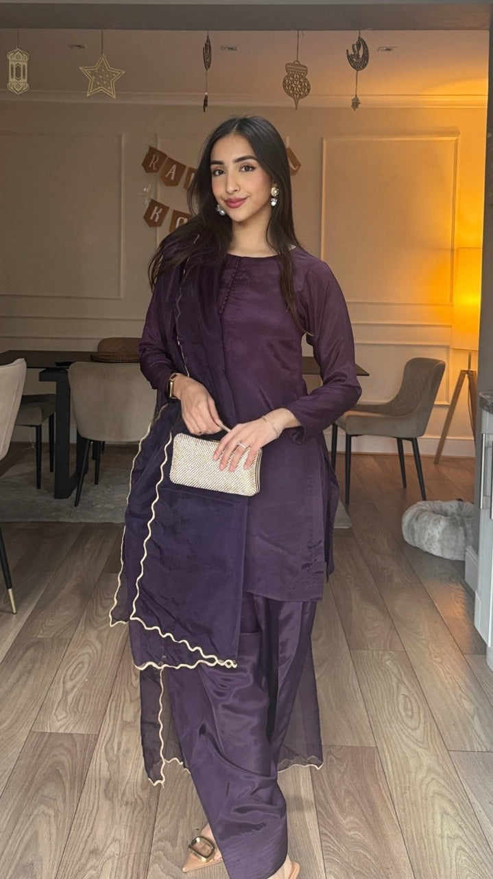 RIMA Plum - 3 Piece Russian Silk Suit with Farshi Shalwar