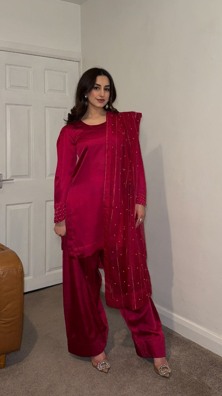ELAYA Rose - 3 Piece Silk Suit with Farshi Shalwar