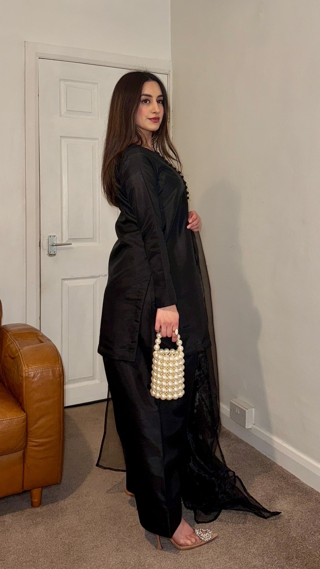 MAIRA Noir - 3 Piece Korean Raw Silk Suit with Farshi Shalwar